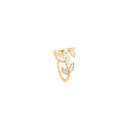 Aanpasbare gouden ring met bladmotief en witte opaal